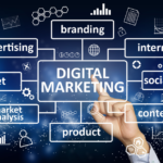 Professional digital marketing workspace with SEO analytics, social media dashboards, online advertising, content strategy, and marketing performance charts.