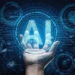 Artificial Intelligence concept showing AI brain, machine learning, robotics, neural networks, data visualization, and futuristic digital technology.