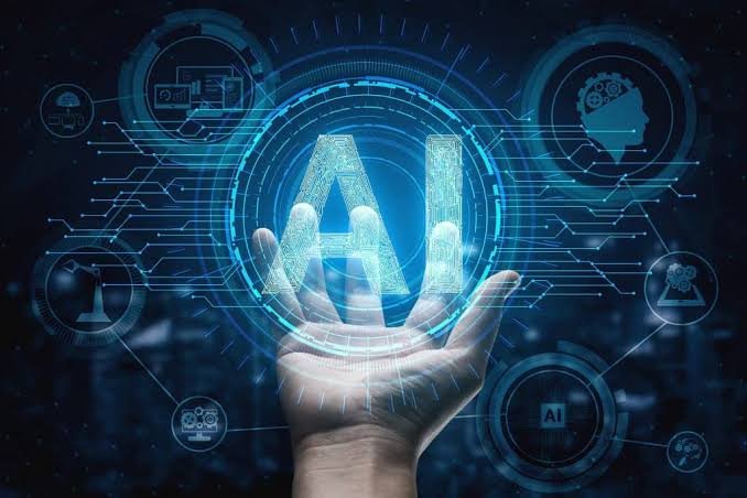 Artificial Intelligence concept showing AI brain, machine learning, robotics, neural networks, data visualization, and futuristic digital technology.