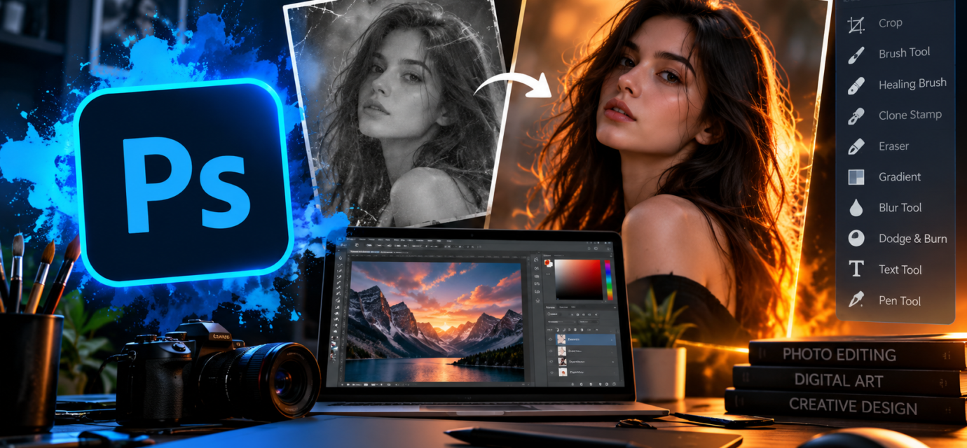 Adobe Photoshop photo editing workspace showing before and after image transformation