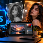 Adobe Photoshop photo editing workspace showing before and after image transformation