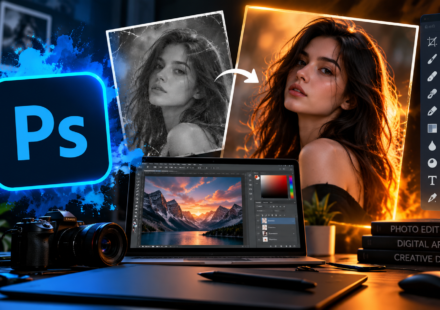 Adobe Photoshop photo editing workspace showing before and after image transformation