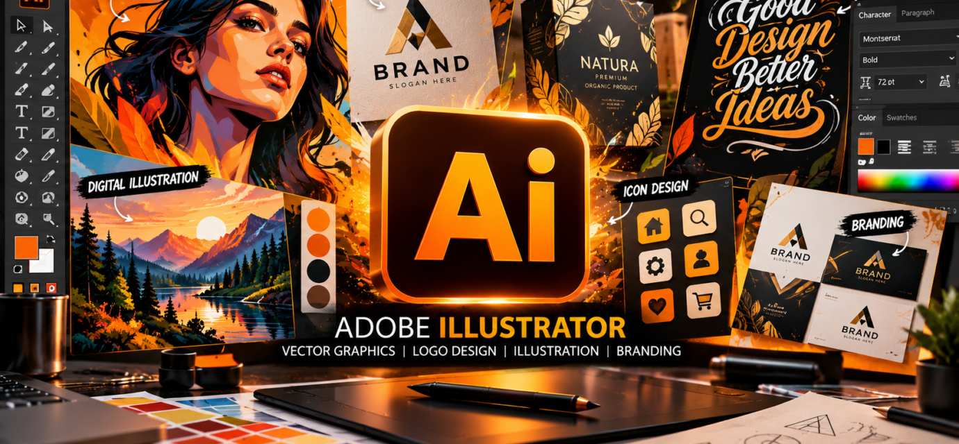 Adobe Illustrator workspace featuring vector illustration, logo design, typography, branding, and graphic design tools
