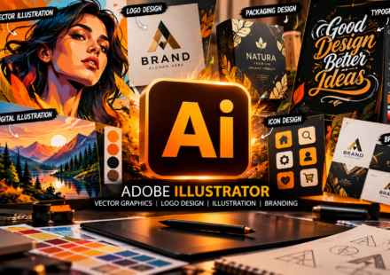 Adobe Illustrator workspace featuring vector illustration, logo design, typography, branding, and graphic design tools