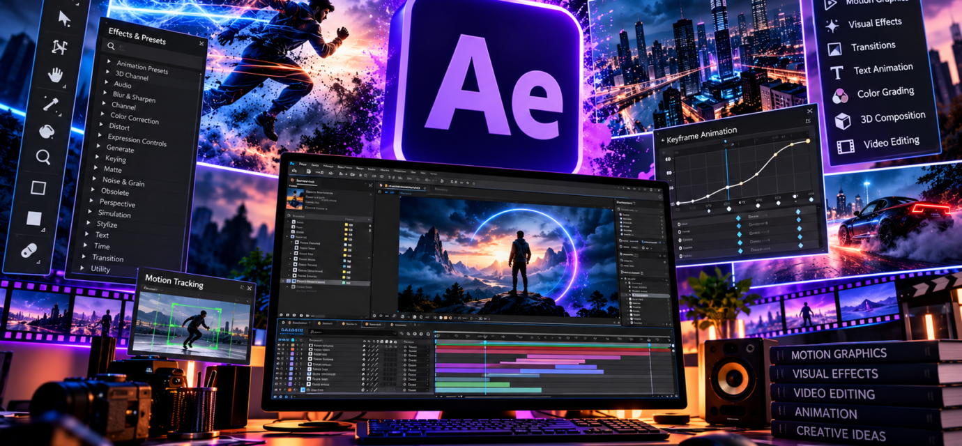 After Effects motion graphics workspace showing animation, visual effects, keyframes, and video editing
