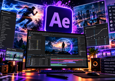 After Effects motion graphics workspace showing animation, visual effects, keyframes, and video editing