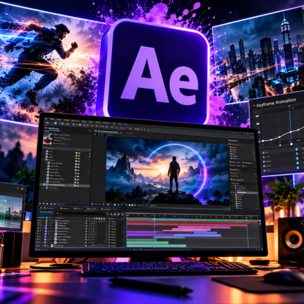 After Effects motion graphics workspace showing animation, visual effects, keyframes, and video editing
